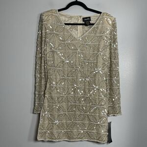 CHAUDRY Beaded Sequin Mini Dress Size Medium Gold Cream NEW 20’s Gatsby Party